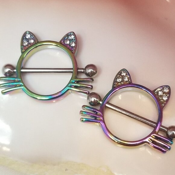 14G Cat Nipple Shield Rainbow Surgical Steel Clear CZ Gem piercing jewelry - Picture 3 of 4